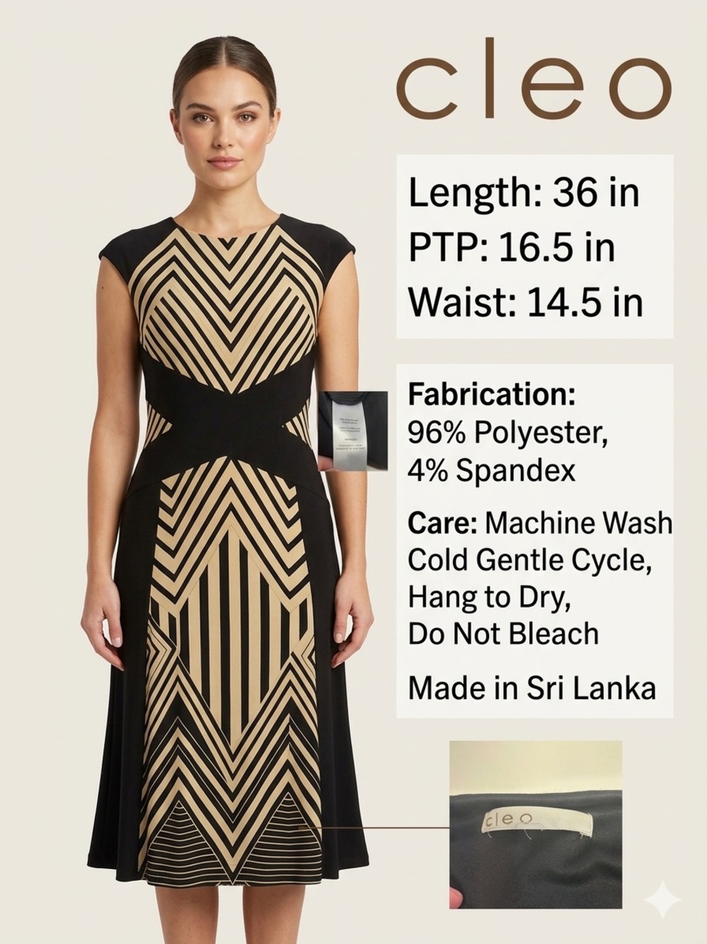 Cleo Black & Beige Geometric Art Deco Cap Sleeve Dress Stretch Size M - Picture 2 of 5